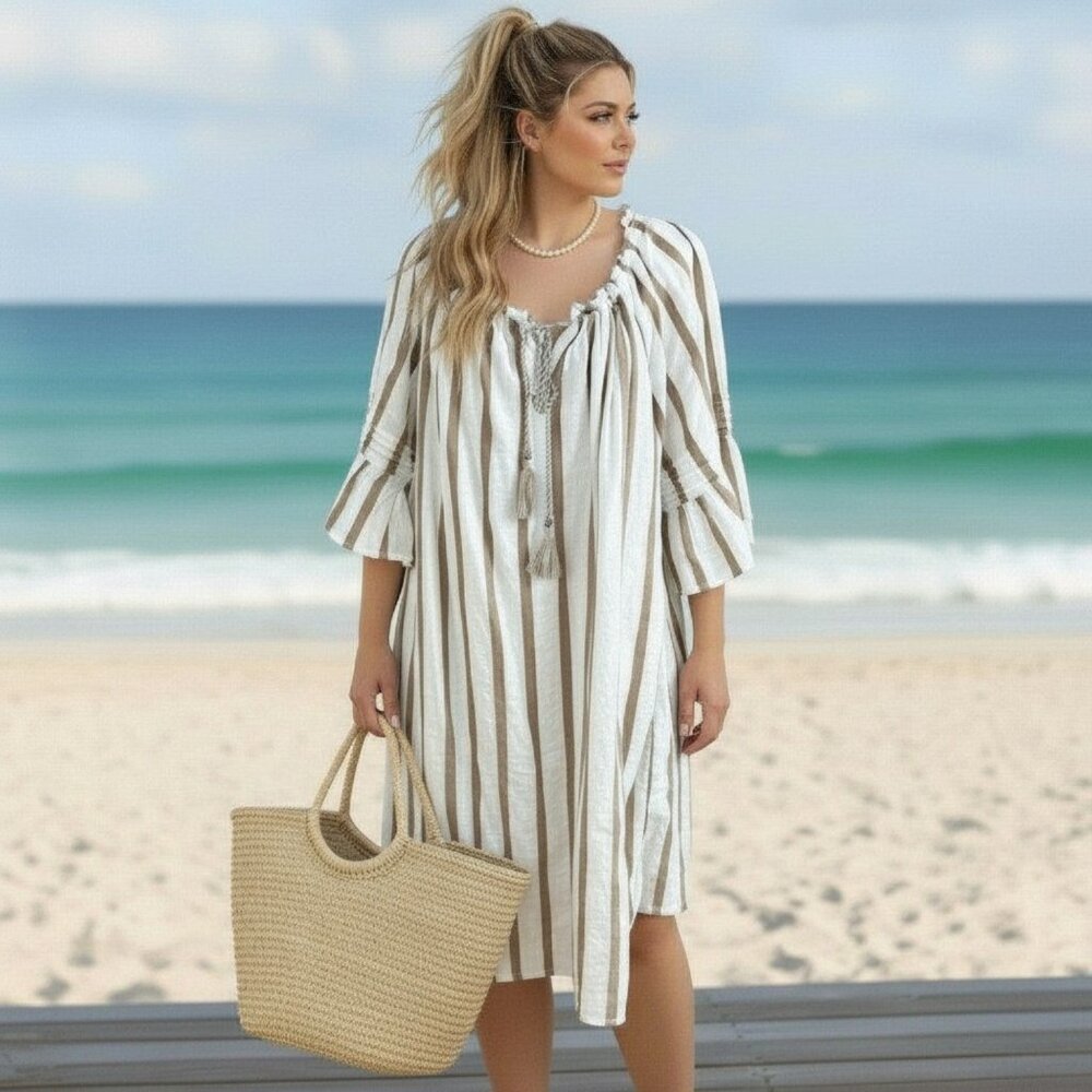 Mlle Gabrielle Cream and Tan Striped Beach Kaftan Dress
